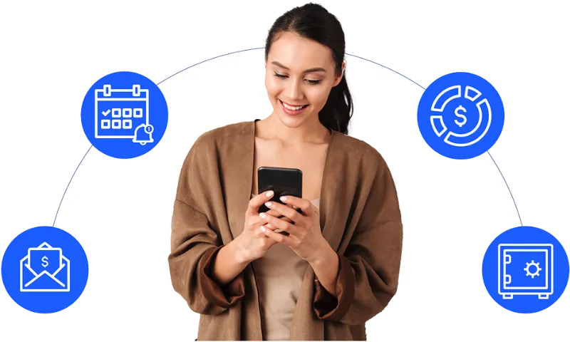Resident checking her account on a phone, with icons for reminders, payments, receipts and secure storage.