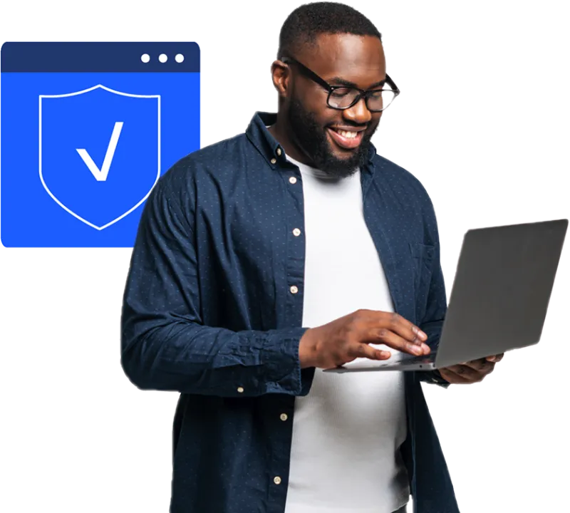Resident using a laptop, with a browser window showing a shield and checkmark for secure payments.